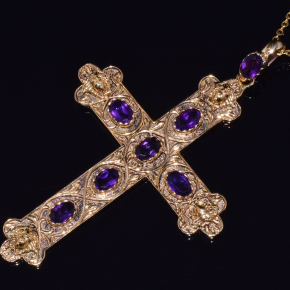 CERTIFIED NATURAL 2.95CTS AMETHYST 18K 750 SOLID GOLD ENGRAVED CROSS PENDANT - Picture 7 of 10